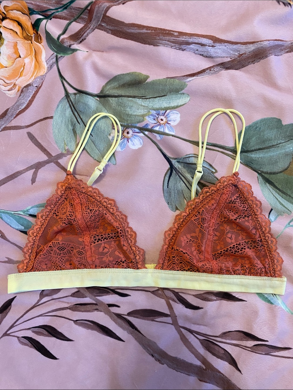 Urban Outfitters Lace Triangle Bralette in Rust and Pale Yellow